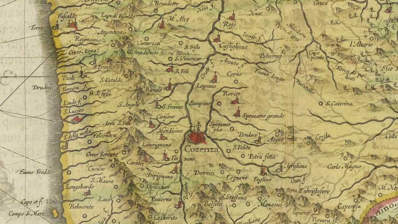 カラブリア州コゼンツァの地図 } イタリアの古い地図: アクリ、パオラ